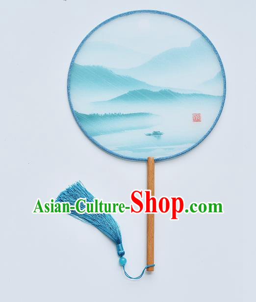 China Classical Dance Blue Silk Fan Traditional Printing Palace Fan Handmade Beech Fan