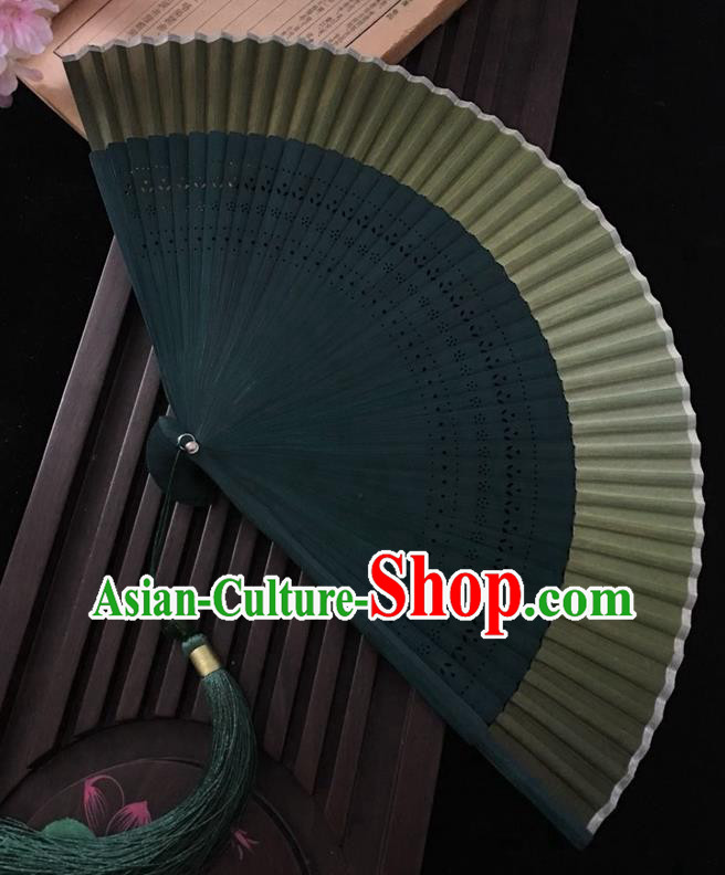 Chinese Handmade Accordion Classical Silk Folding Fan Green Bamboo Fan