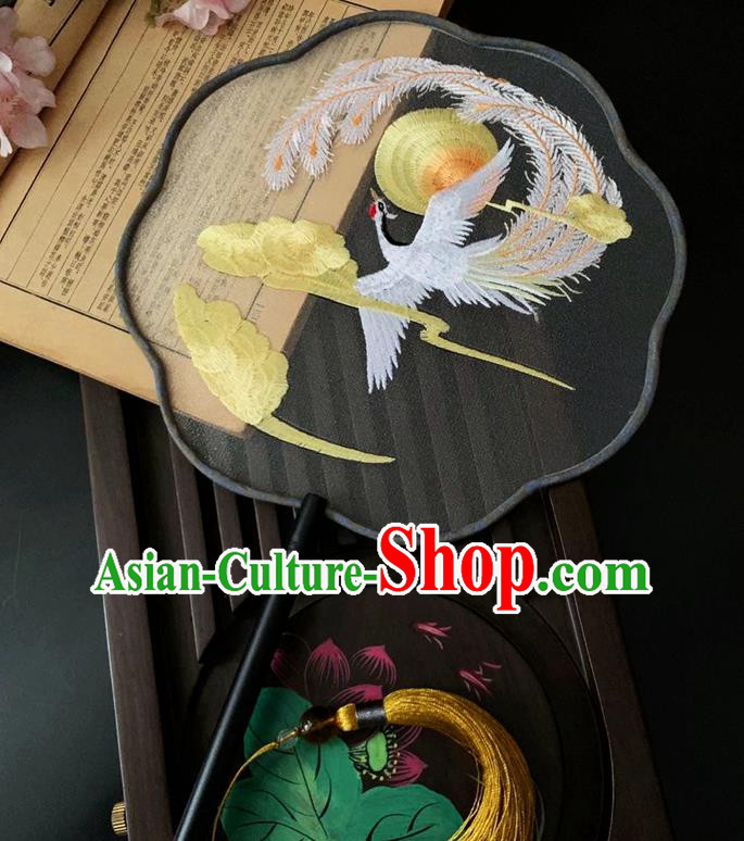 China Classical Dance Fan Traditional Embroidered Phoenix Palace Fan Handmade Black Silk Fan