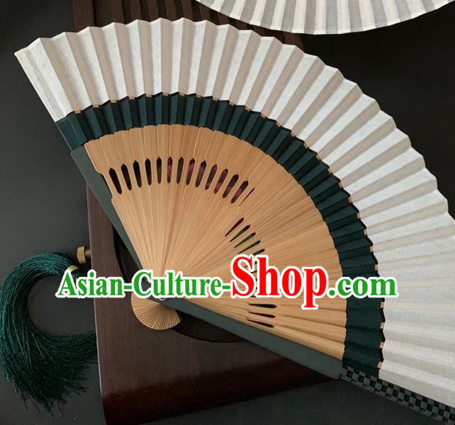 Chinese Classical Flax Folding Fan Handmade Dance Accordion Atrovirens Bamboo Fan