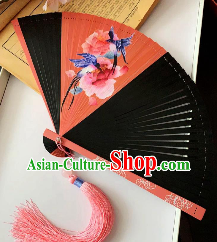 Chinese Classical Folding Fan Red Bamboo Fan Handmade Printing Peony Birds Accordion