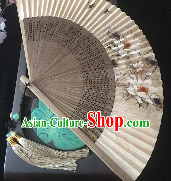 Chinese Handmade Painting Lotus Folding Fan Classical Paper Accordion Brown Bamboo Fan