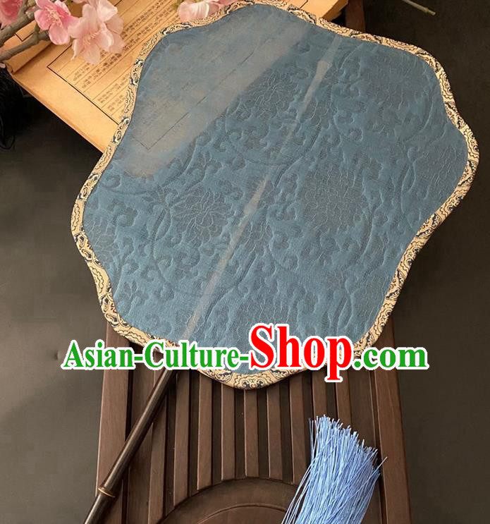China Handmade Jacquard Peony Blue Silk Fan Traditional Ancient Song Dynasty Palace Fan Classical Hanfu Fan