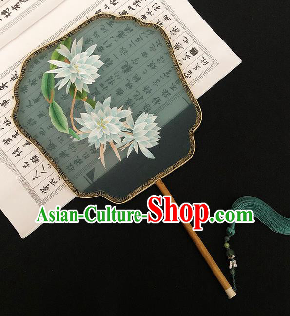 China Classical Dance Fan Handmade Embroidered Epiphyllum Palace Fan Traditional Hanfu Fan Green Silk Fan