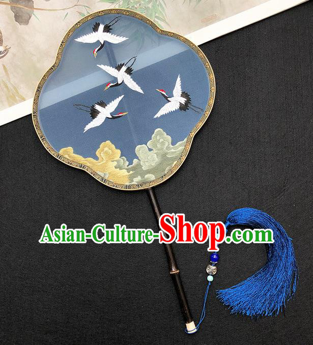 China Traditional Hanfu Fan Classical Dance Fan Handmade Embroidered Cranes Palace Fan Ancient Princess Blue Silk Fan
