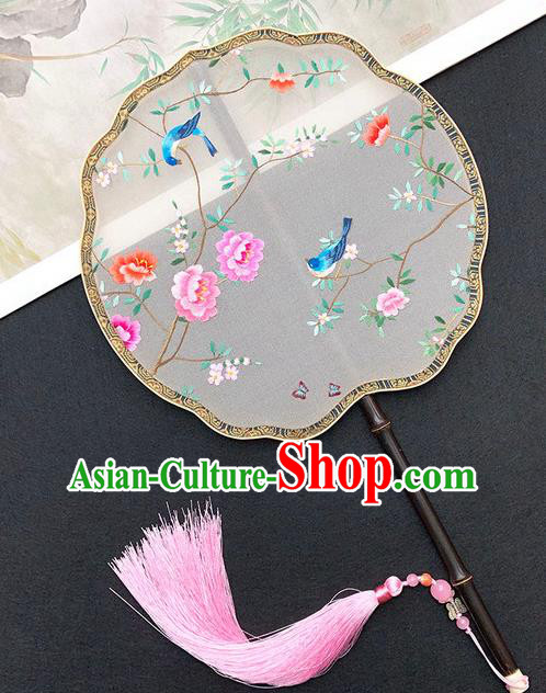 China Traditional Silk Fan Hanfu Fan Classical Dance Fan Handmade Embroidered Peony Birds Palace Fan