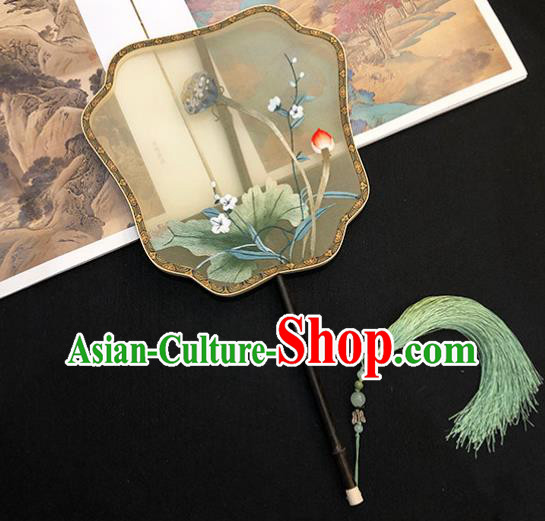 China Traditional Beige Silk Fan Hanfu Fan Classical Dance Fan Handmade Embroidered Lotus Palace Fan
