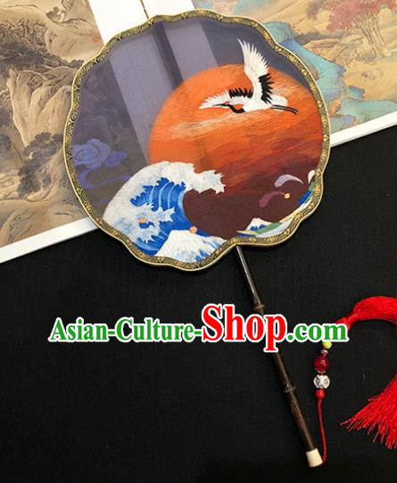 China Handmade Embroidered Wave Crane Palace Fan Traditional Silk Fan Hanfu Fan Classical Dance Fan