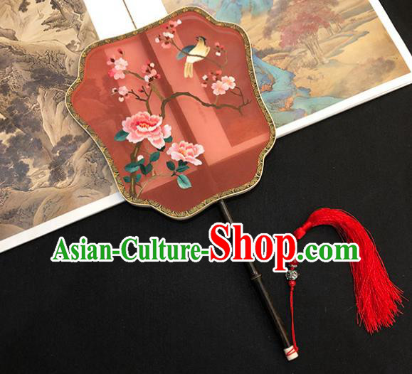 China Handmade Embroidered Peony Palace Fan Hanfu Fan Classical Dance Fan Traditional Red Silk Fan