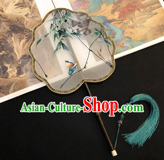 China Handmade Embroidered Bamboo Bird Palace Fan Classical Dance Fan Traditional Silk Fan Hanfu Fan