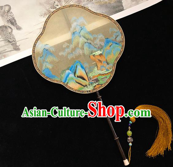 China Traditional Beige Silk Fan Hanfu Fan Classical Dance Fan Handmade Embroidered Vast Land Palace Fan