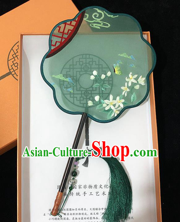 China Handmade Embroidered Butterfly Palace Fan Classical Dance Fan Traditional Hanfu Fan Green Silk Fan