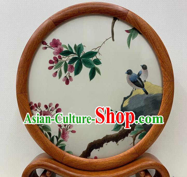 Chinese Handmade Palisander Craft Traditional Embroidery Begonia Ornament Suzhou Embroidered Table Screen
