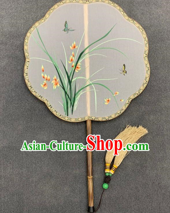 China Traditional Embroidery Orchids Silk Fan Classical Hanfu Bamboo Fan Handmade Embroidered Palace Fan