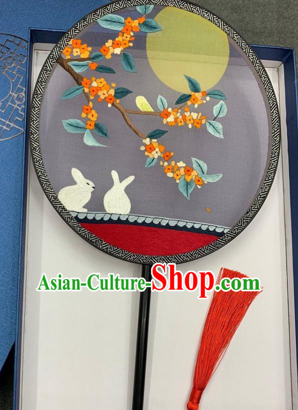 China Handmade Embroidered Moon Osmanthus Rabbit Palace Fan Classical Hanfu Fan Traditional Double Side Embroidery Silk Fan