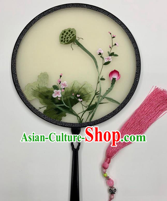 China Handmade Circular Fan Beige Silk Fan Double Side Embroidery Lotus Palace Fan
