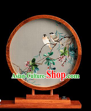 Chinese Traditional Hunan Embroidery Begonia Table Screen Handmade Merbau Circular Desk Lamp