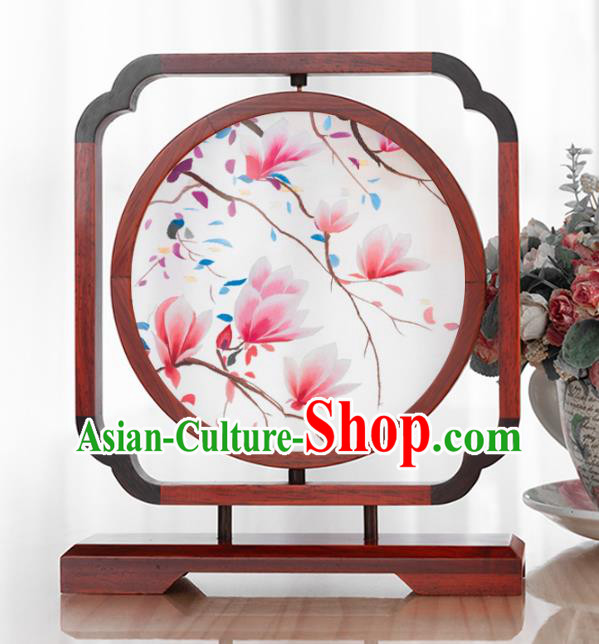 Chinese Handmade Rosewood Desk Ornament Traditional Hunan Double Side Embroidery Mangnolia Table Screen