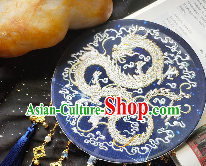 China Embroidery Dragon Blue Silk Palace Fan Traditional Hanfu Fan Handmade Wedding Circular Fan