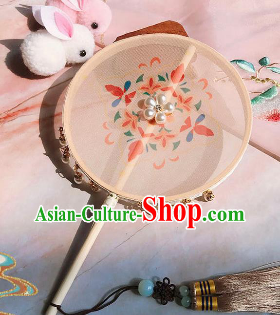 China Ancient Princess Palace Fan Handmade Beige Silk Fan Traditional Hanfu Circular Fan
