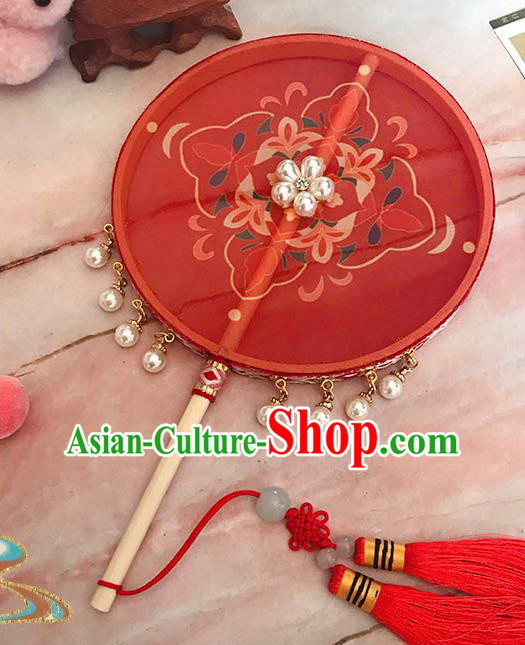 China Traditional Hanfu Circular Fan Ancient Princess Pearls Palace Fan Handmade Red Silk Fan