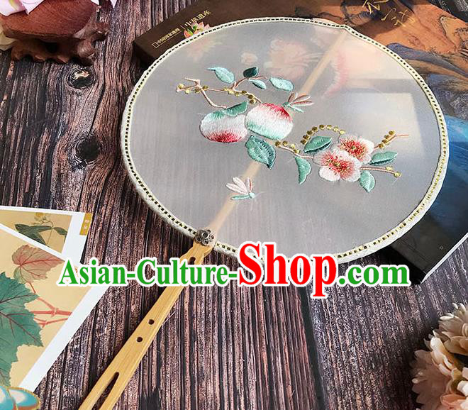 China Traditional Hanfu Embroidered Peach Flowers Circular Fan Handmade Palace Fan Wedding White Silk Fan