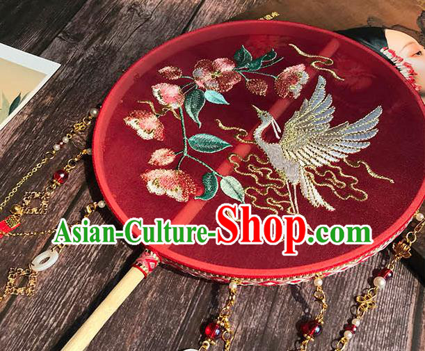 China Wedding Red Silk Fan Handmade Palace Fan Traditional Hanfu Embroidered Begonia Crane Circular Fan