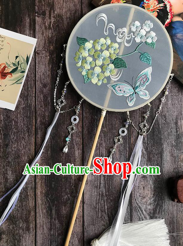 China Embroidered Hydrangea Butterfly Circular Fan Wedding Light Blue Silk Fan Handmade Palace Fan Traditional Hanfu Fan