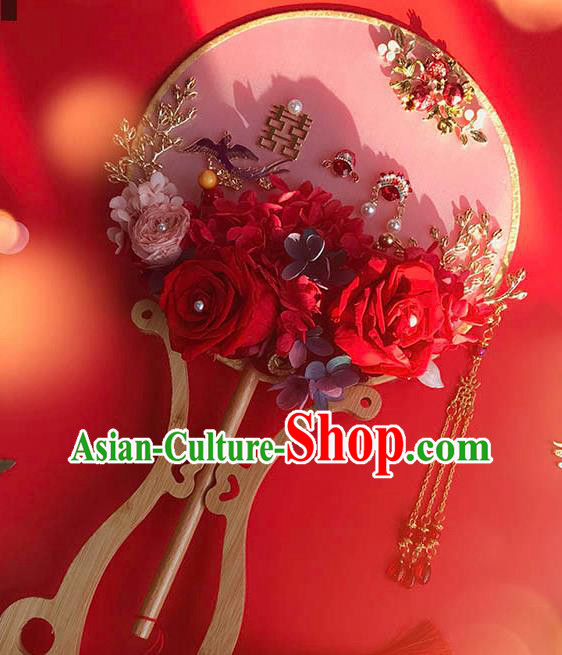 China Bride Circular Fan Wedding Silk Fan Handmade Palace Fan Traditional Red Rose Fan