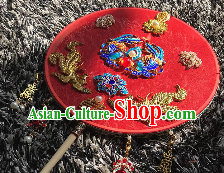 China Handmade Blueing Phoenix Palace Fan Traditional Red Silk Fan Wedding Circular Fan
