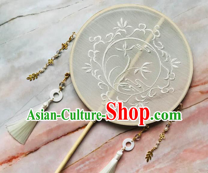 China Handmade Palace Fan Traditional Bride Embroidered Orchids Circular Fan Wedding Beige Silk Fan