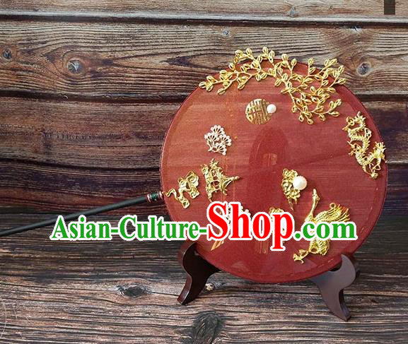 China Traditional Hanfu Golden Crane Circular Fan Ancient Bride Palace Fan Handmade Red Silk Fan