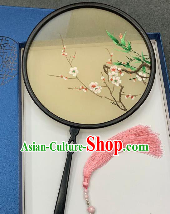 China Handmade Embroidery Plum Blossom Palace Fan Double Side Embroidered Circular Fan Traditional Dance Beige Silk Fan