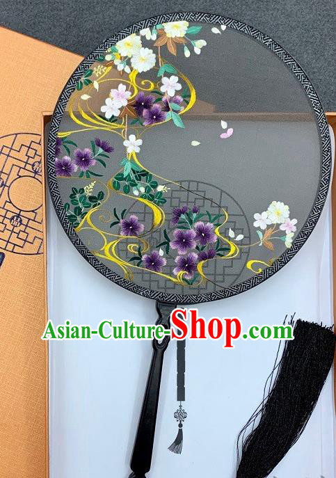 China Handmade Embroidery Palace Fan Double Side Embroidered Black Silk Circular Fan