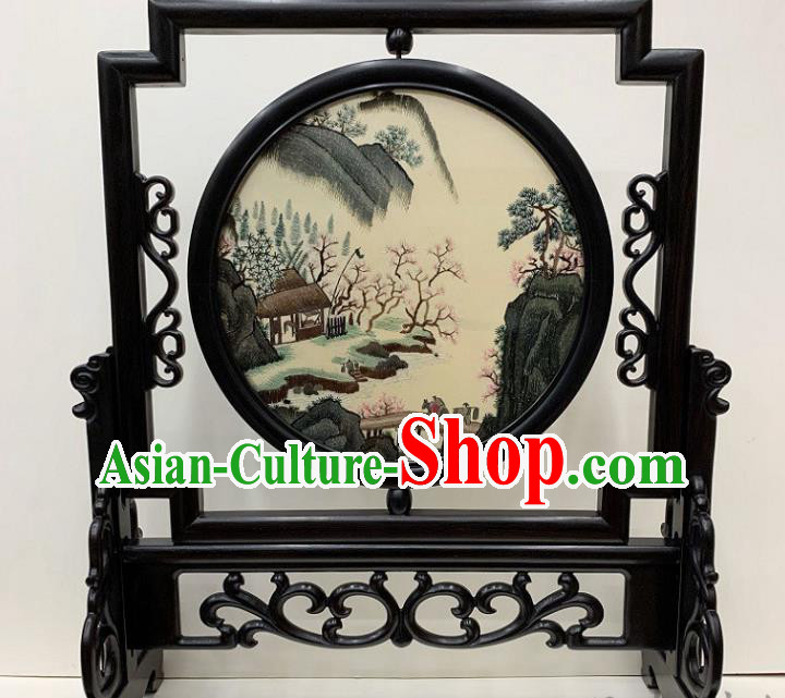 Chinese Traditional Double Side Embroidery Craft Embroidered Table Screen Handmade Ebony Desk Decoration