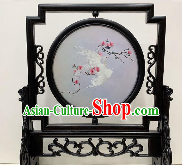 Chinese Handmade Ebony Desk Decoration Traditional Double Side Embroidery Craft Embroidered White Phoenix Table Screen