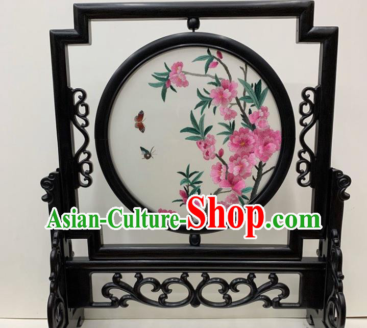 Chinese Embroidered Peach Blossom Table Screen Handmade Ebony Desk Decoration Traditional Double Side Embroidery Craft