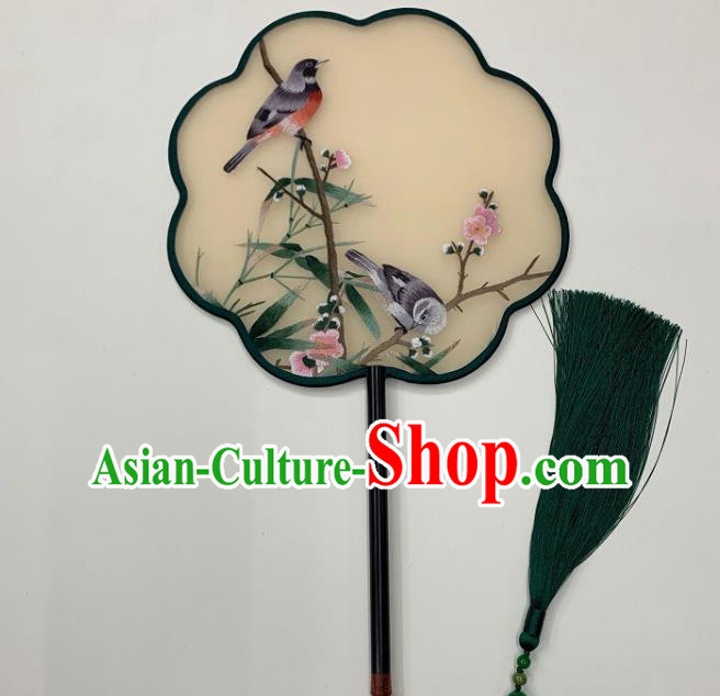 China Handmade Embroidery Plum Bird Palace Fan Mottled Bamboo Fan Beige Silk Fan