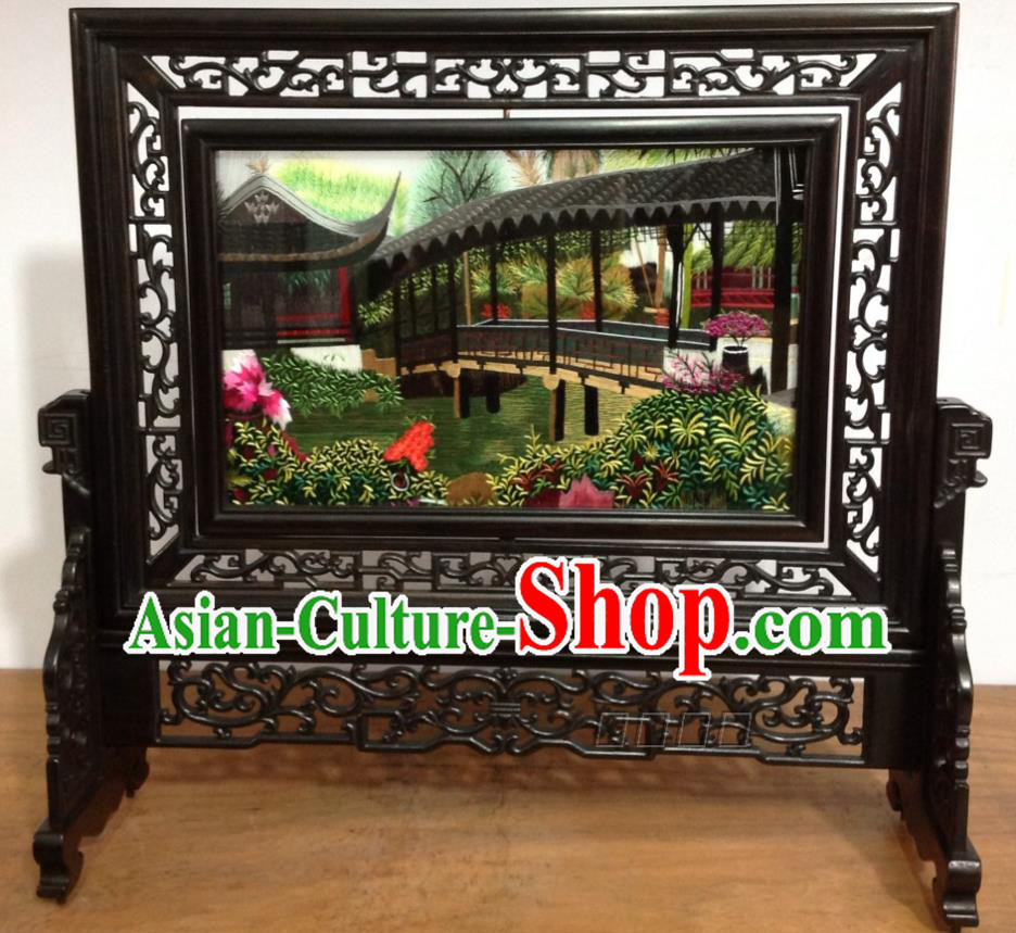 Chinese Rosewood Carving Desk Decoration Traditional Embroidery Craft Handmade Embroidered Humble Administrator Garden Table Screen