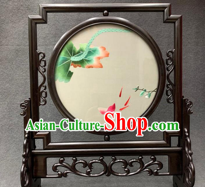 Chinese Traditional Embroidery Craft Handmade Embroidered Lotus Fish Table Screen Rosewood Desk Decoration