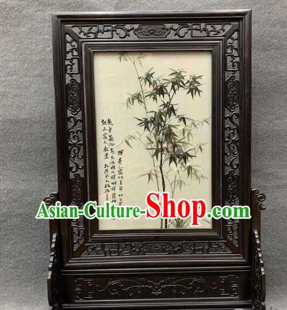 Chinese Traditional Rosewood Craft Handmade Silk Table Screen Embroidered Bamboo Desk Decoration