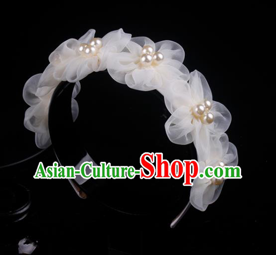 French Wedding Princess Pearls Headband Elegant Hair Accessories Bride Champagne Silk Flowers Hair Clasp