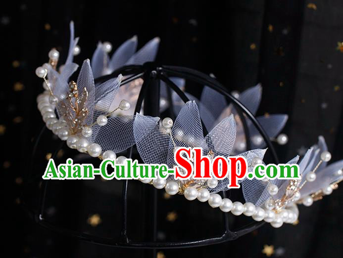 Europe Bride Silk Leaf Royal Crown Elegant Hair Accessories Wedding Princess Pearls Headband
