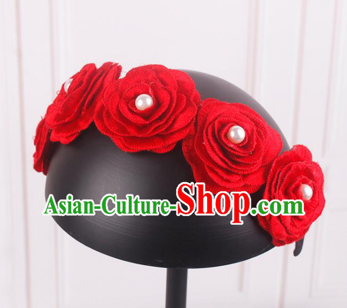 French Bride Red Rose Hair Clasp Elegant Wedding Headband Court Hair Accessories