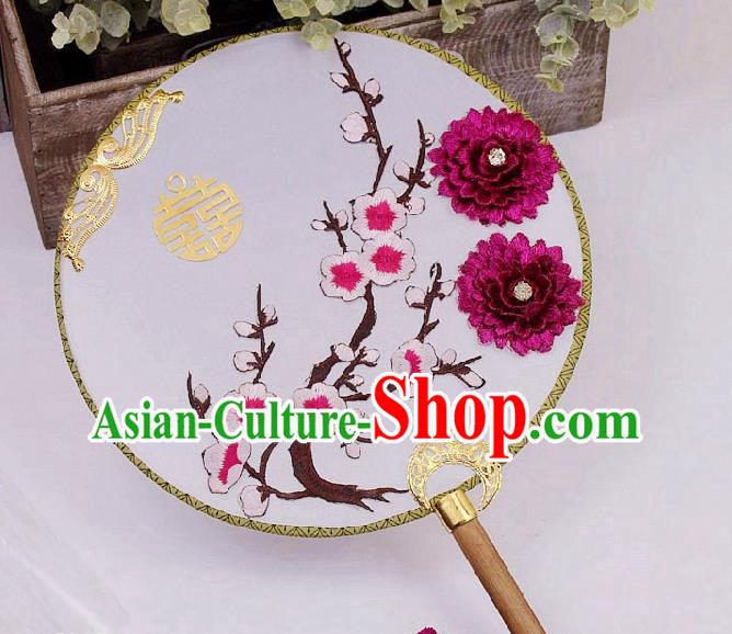 China Embroidered Plum Circular Fan Handmade Wedding Bride Palace Fan Traditional Xiuhe Suit Purple Peony Silk Fan