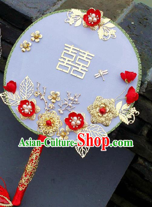 China Traditional Wedding Xiuhe Suit Silk Fan Handmade Palace Fan Bride Golden Plum Circular Fan