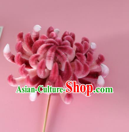 China Handmade Hanfu Flower Hair Stick Traditional Ancient Qing Dynasty Palace Lady Rosy Velvet Chrysanthemum Hairpin