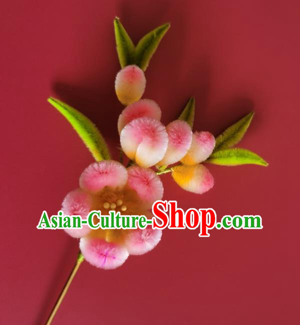 China Ancient Empress Pink Plum Blossom Hairpin Traditional Handmade Velvet Hair Stick