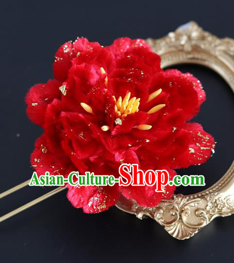 Handmade China Traditional Wedding Hanfu Hair Accessories Ancient Red Velvet Peony Hairpin