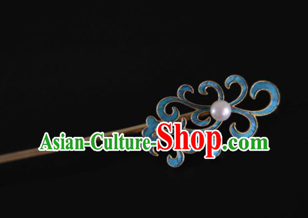 Handmade China Traditional Qing Dynasty Pearl Hair Accessories Blueing Hair Stick Ancient Court Lady Hairpin